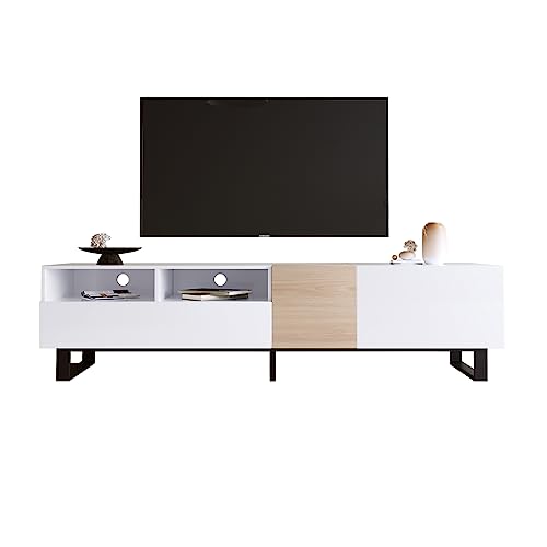 Merax Modern TV Entertainment Center with Cabinets, Drawers & Open Shelves, Wood TV Stand for TVs Up to 80” for Living Room Bedroom (White & Natural)
