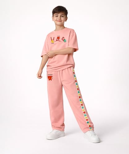 Image of SHODOX Boys Poly Blend Relaxed Fit Co-Ord Set | Printed T-Shirt & Track Pants | Soft Breathable Stylish Summer Casual Comfort Wear for Boys