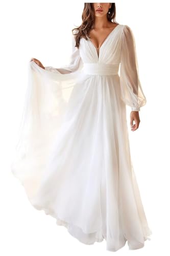 Womens Long Sleeves Wedding Dresses for Bride Chiffon A Line Sexy V Neck Simple Bridal Party Dress