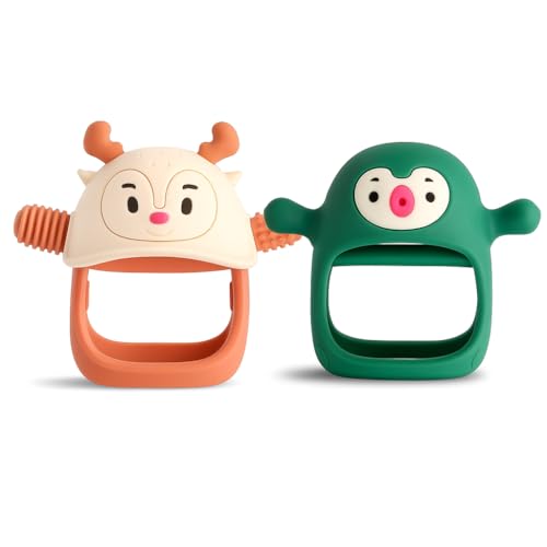 Image of Baby Teething Toy Silicone Teething Mitten for Babies Over 3 Months Anti Dropping Wrist Hand Teethers Baby Chew Toys for Sucking Needs, BPA Free Penguin & Reindeer (Forest Green + Orange)