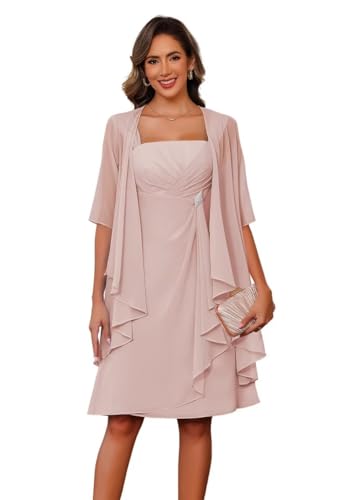 Image of Square Neck Mother of The Bride Dresses with Jacket 2026 Chiffon 2 Piece Formal Evening Gown CLN015