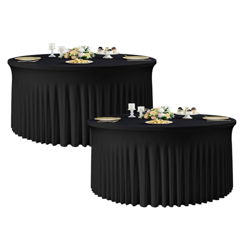 2Pack Black Round Spandex Tablecloths for 72inch/6FT Tables - Stretchy Fitted 6FT Round Table Cloths Wrinkle Free 132inch Table Cloth with Skirt for Wedding Birthday Graduation Party Banquet