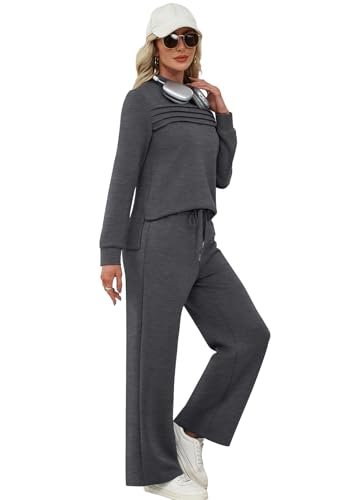 Image of WIHOLL Two Piece Sets for Women Fall Travel Vacation Outfits 2026 Long Sleeve Lounge Sets Side Slit Wide Leg Pants XS-3XL