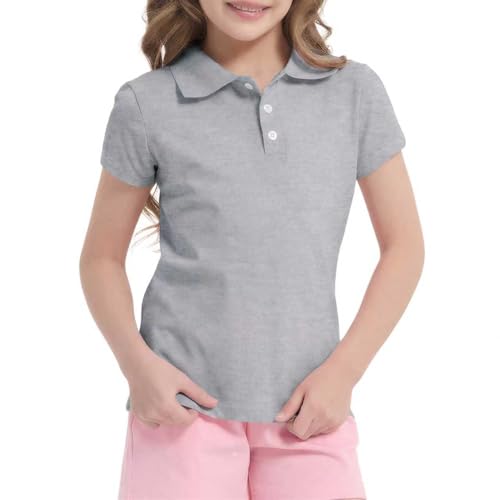 Phedrew Girls Cotton Polo Shirt Short Sleeve School Uniform Polo Shirts Pique Golf Shirts for Kids Youth(Age 5-14) Grey