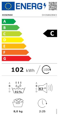 Hisense DH3S802BW3, 8KG, Kondensation mit Wärmepumpe, 16 Programme, ConnectLife, TwinAir, Weiß, Energieeffizienzklasse C