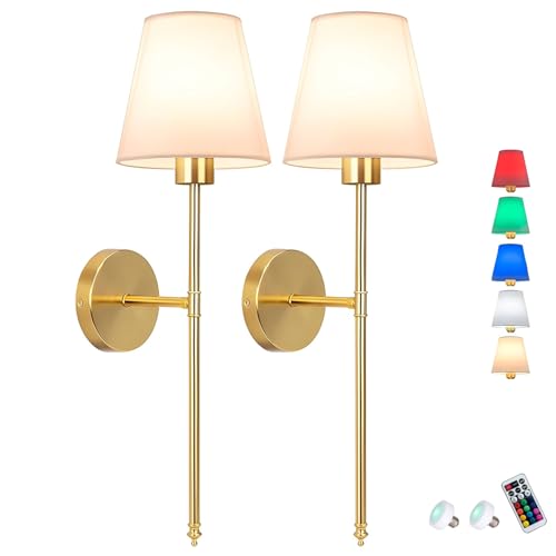 Juego de 2 apliques de pared a pilas, inalámbricos y recargables, sin cableado, con mando a distancia y bombilla LED regulable para dormitorio, decoración de pared interior rústica (dorado, colorido).