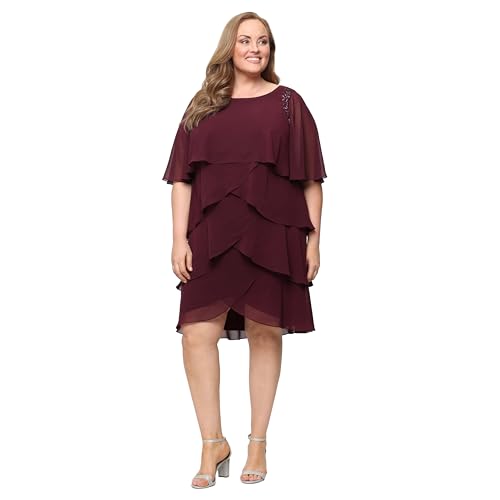 Image of S.L. Fashions Women's Plus Size Tiered Chiffon Cocktail Party Dress with Attached Cape & Beaded Shoulders
