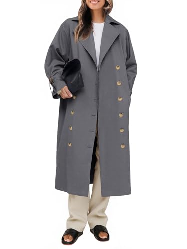 Image of Tankaneo Womens Long Trench Coat Oversized Double Breasted Windproof Classic Lapel Casual Fall Overcoat