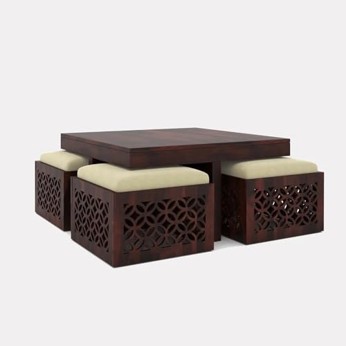 Image of Classic Royale Sheesham Wood Creation Center Table with 4 stools for Home & Office, PureCraft Elite Wooden Coffee Table | Tea Table | Sofa Set Table Mahogany Finish