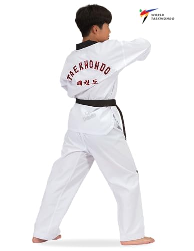 Daedo Taekwondo Uniform - Black Neck, WT Recognized, Ribbed Polyester, Includes Pants & Top with Embroidered Taekwondo, Height - 170 cm - Thumbnail 2