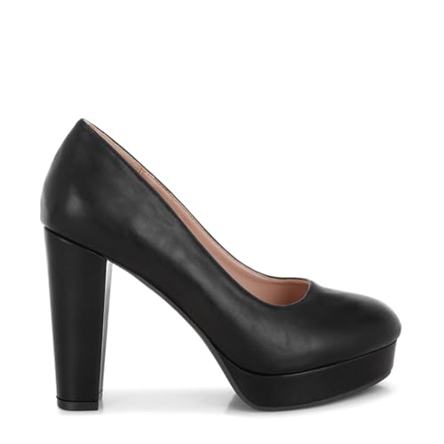 London Rag Damsor Faux Leather Block Heel Pumps Black