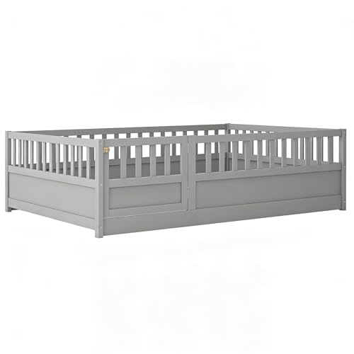 Image of Bellemave Full Size Kids Montessori Floor Bed,Solid Wood Floor Bed Frame with High Fence and Lockable Door for Kids,Girls,Boys,Full,Gray