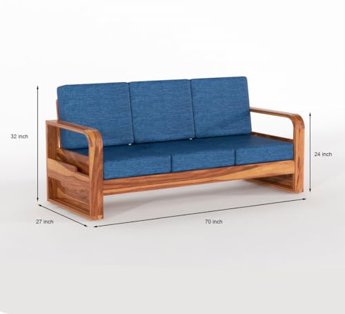 Image of Solid Sheesham Wooden 6 Seater Sofa Set for Living Room | Sofa Set with Side Pocket Storage & Cushion | Rosewood Sofa Set for Home (Honey with Blue Cushion, 6 Seater)