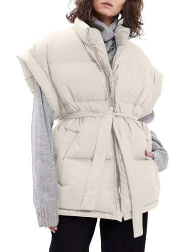 Langwyqu Women Oversized Puffer Vests Sleeveless Stand Collar Zipper Puffy Jackets with Belt