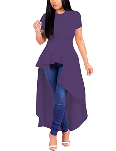 Image of Lrady Womens Casual Shirt Dress High Low Irregular Ruffle Hem Blouse Asymmetrical Peplum Long Tunic Tops