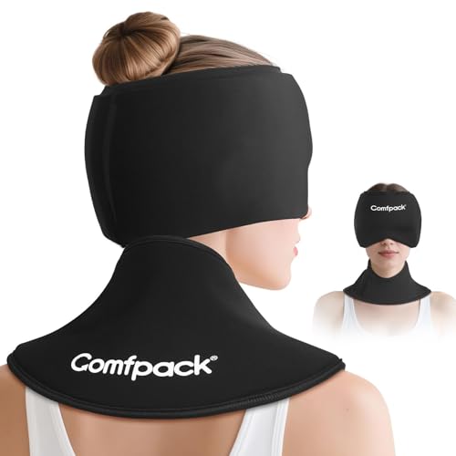 Comfpack Migraine Relief Cap and Neck Ice Pack Wrap Gel Combo, Hot and Cold Compress Headache Relief Hat Neck Shoulder Ice Pack Care Package for Tension, Cervicogenic Headache, Office Pressure, Gifts