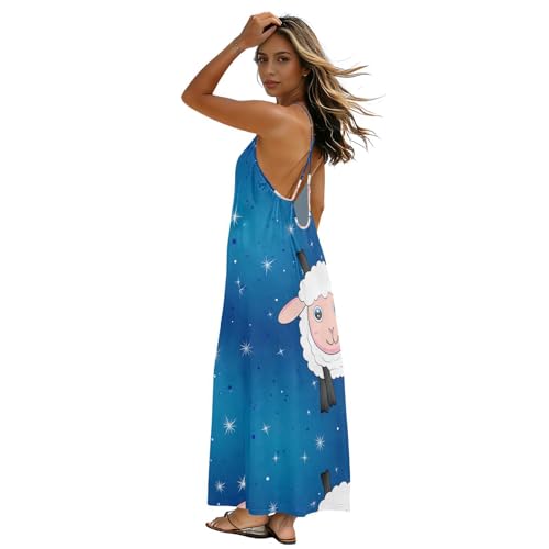 Robe longue dos nu azur motif mouton poésie d'été