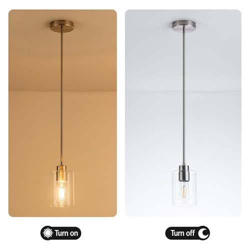 Image of MAYNA 1-Pack Brushed Nickel Ceiling Light Fixture, Simple Silver Mini Pendant with Bulb, Adjustable Rods Contemporary Hanging Lamp for Foyer, Corridor, Sink