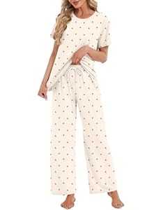 Rapbin Schlafanzug Damen Pyjama Set Loungewear Pyjama Oberteil und Lang Schlafhose mit Taschen Nachtwäsche Hausanzug Zweiteiliger (Apricot mit Kirschprint L)