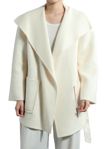 CHARTOU Women's Lapel Collar Warp Coat Winter Belted Wool Jacket Dressy Open Front Midi Peacoat with Pockets