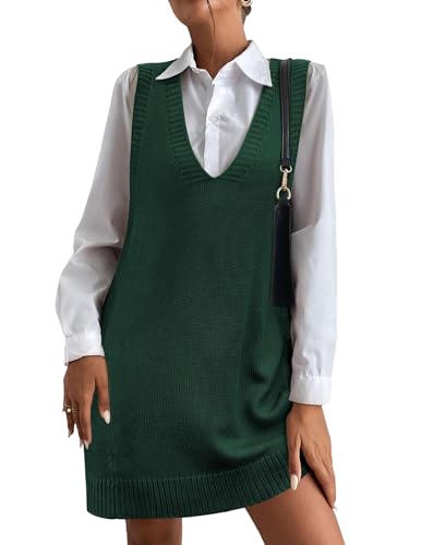 Image of HOTOUCH Women Sweater Vest Oversized V Neck Sleeveless Knit Pullover Ribbed Vest Dress with Pockets