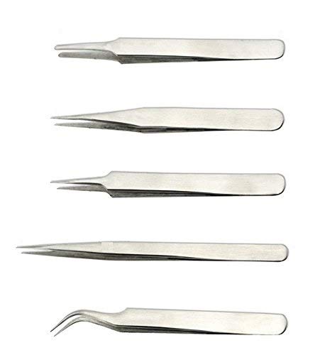 PagKis Set of 5 Non-Magnetic Tweezers - Stainless Steel for mobile, gadget