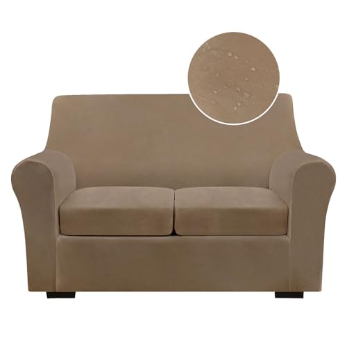 NICEEC Spandex Stretch 3 Pieces Loveseat Cover Water Repellent Couch Cover 2 Cushion Sofa for Pet Super Soft Sofa Slipcovers for Living Room Easy Fit Furniture Protector Washable(Coffee)
