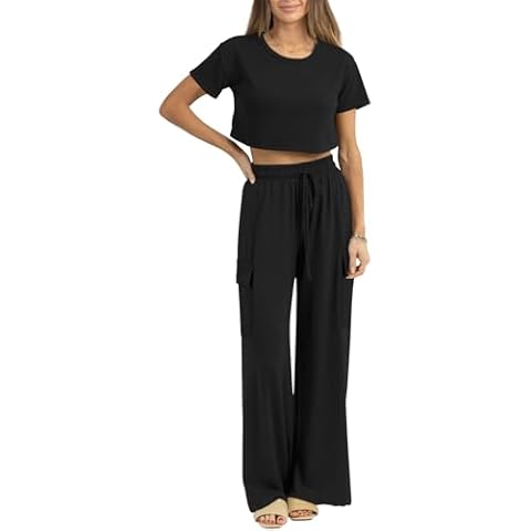 Atizon Women 2 Piece Outfits Summer Short Sleeve Crop Top Elastic Waist Wide Leg Pants Lounge Sets Casual Cover