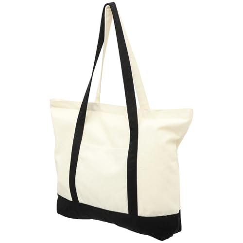 TOBBOMEY Small Black Canvas Tote Bag with Zipper and Side Pocket, Casual Linen Shoulder Shopping Bag for Travel and Grocery, Lightweight Reusable Utility Tote