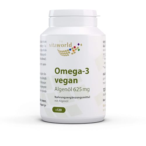 vitaworld Omega-3 Vegan Algenöl 625 mg, Gewonnen aus der Mikroalge Schizochytrium sp., 250 mg DHA pro Kapsel, 120 Kapseln
