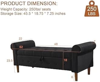 Ottoman with Storage, 62" Linen Tufted Button Bench with Rolled Arm for End of Bed, Bedroom, Living Room, Entryway (Black)