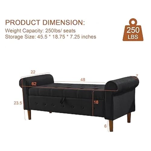 Ottoman with Storage, 62" Linen Tufted Button Bench with Rolled Arm for End of Bed, Bedroom, Living Room, Entryway (Black)