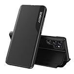 IMEIKONST Compatible with Samsung Galaxy S22 Ultra Case, Bookstyle Clear View Window Flip Foldable Kickstand PC Shell PU Leather Shockproof Magnetic Flip Cover for Samsung S22 Ultra. Black QH1