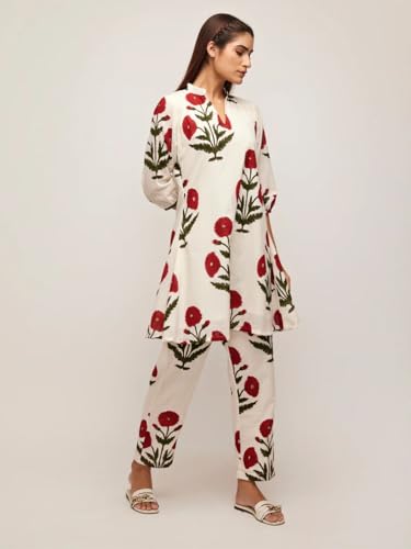 Image of Leriya Fashion White Kurti Set for Women | V-Neck Straight Kurta Sets for Woman | Summer Co ord Set For Women Stylish | Ethnic Kurtis for Office Outfit | Floral Printed Kurtis 3 /4 Sleeve