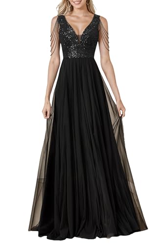 HOMEYEE Damen Vintage Pailletten Mesh Glitzer V-Ausschnitt Party Ballkleid Sexy Rückenfrei Abendkleider A-Linie Hochzeitskleid A488 (L, Schwarz) HOMEYEE Damen Vintage Pailletten Mesh Glitzer V-Ausschnitt Party Ballkleid Sexy Rückenfrei Abendkleider A-Linie Hochzeitskleid A488 (L, Schwarz)