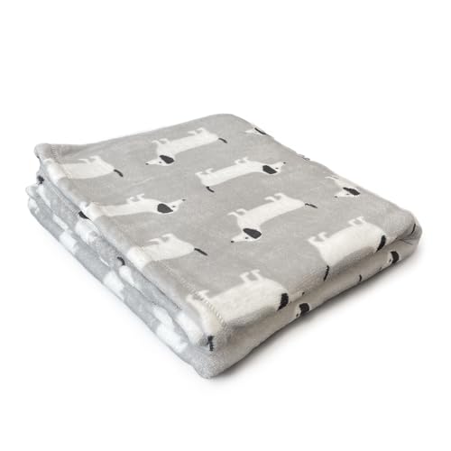 Kissymix Printed Dog Throw - Soft Grey Fleece Blanket with White Sausage Dogs - Lightweight Blanket for the Home, Camping, Travel, Picnics and More