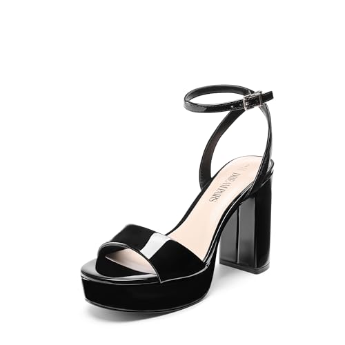DREAM PAIRS Platform High Heels for Women Chunky Round Open Toe Ankle Strap Stylish Heeled Sandals for Party Prom Wedding 6.5 Black