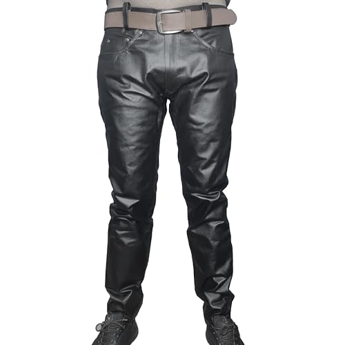 Black Cowhide Genuine Quality Leather Grain Pant for Men Biker Pants