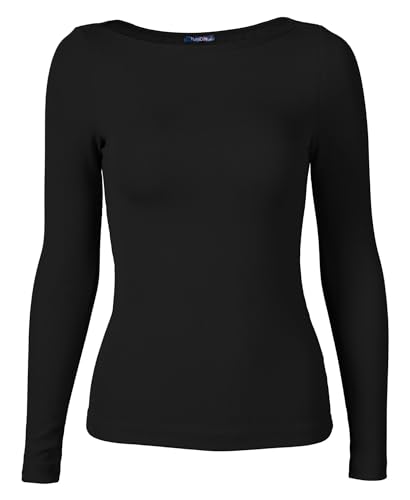 Womens Boat Neck Tops Long Sleeve, Basic Tee Shirt Ribbed Slim Fitted Casual Office T-Shirt3