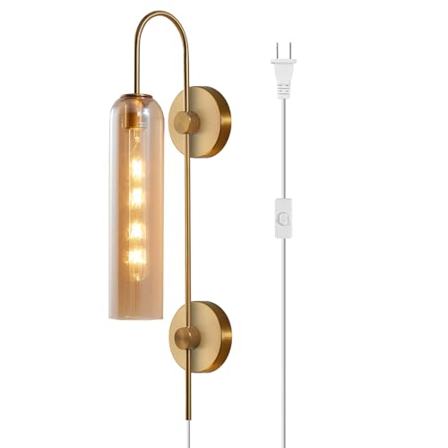 Image of BOKT Modern Wall Sconces 1-Light Wall Mounted Light Mid Century Modern Wall Decor Stylish Lighting Lamp Long Tube Glass Vanity Light Fixture (Amber, Plug in)
