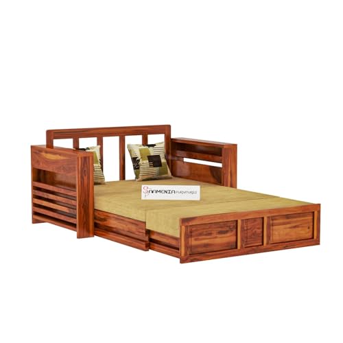Image of Mamta Furniture Solid Sheesham Wood Sofa Cum Bed Furniture Set with Storage and Cushions for Living Room | Bedroom | Drawing Hall Honey Queen