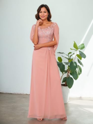 Cape Scoop Neck Mother of The Bride Dresses for Women Lace Appliques Chiffon Formal Evening Gown with Fake Sleeves4