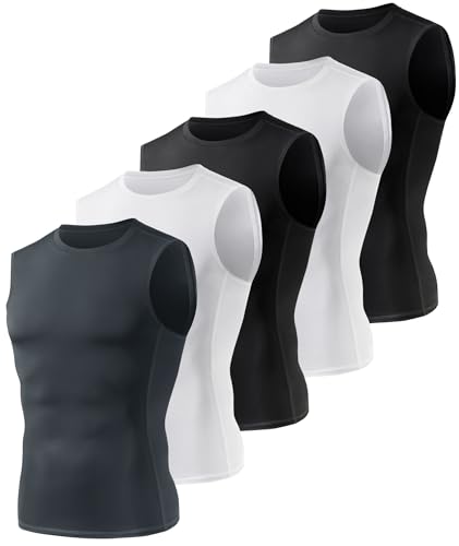 BOOJO 5 Pack Compression Shirt Men - Sleeveless Tank Top Workout Athletic Gym Quick Dry Base Layer Udershirts for Running