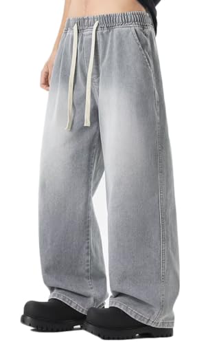 Mens Relaxed Straight Jean Elastic Waist Wide Leg Denim Pants Casual Loose Fit Long Trousers Streetwear MZA19