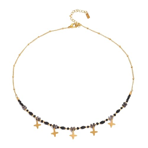 Collier bohème en acier inoxydable et pendentif pierre noire