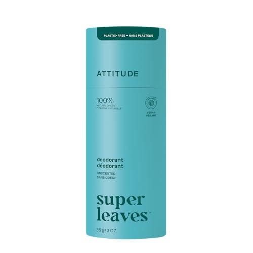 Image of ATTITUDE Plastic-Free Deodorant, EWG Verified, Aluminum Free, Vegan Naturally Sourced Body Deodorants for Women & Men, Dermatologically Tested, Unscented, 3 Ounces