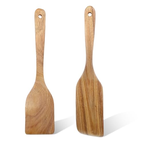 2PCS Wooden Spatula for Cooking Utensils, Long Handle Wood Turner for Non-Stick Cookware Spoon Pancake Turner Scraper Natural Teak Wooden Utensil Set, Flat Egg Flipper Spatula for Kitchen Home