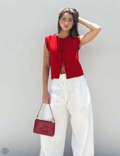 Women's Crochet Sweater Vest Summer Casual Sleeveless Crew Neck Tie Front Knit Vest Top Cardigan2