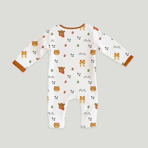 Image of Kidbea Organic Cotton Full Sleeves Romper | Animal & Dino Print Sleepwear (Orange & Olive, 12-18 Months)