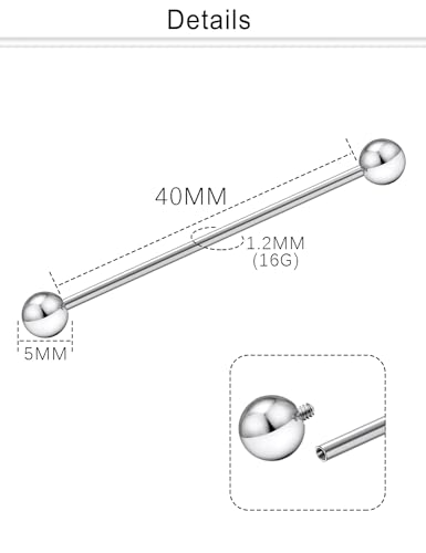 Dyknasz Titanium Industrial Piercing Jewelry 16g & 14g Internally Threaded Bar Earrings for Women & Men - Bar Length 35-40mm2